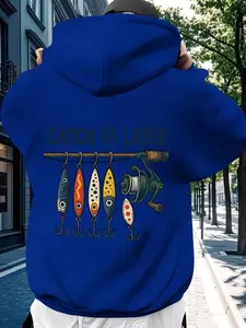 Men's Fall Winter Hooded Sweatshirt, Fun Fishing Theme Graphic Print, Back Multicolor Fish Hook Lure Design, Outdoor Fishing Enthusiasts Warm Pullover