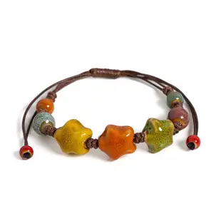 Handmade Glazed Ceramic Star Bracelet Adjustable Woven String Jewelry for Women Men Boho Style Gift S02-033