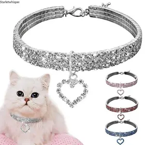Rhinestone Pet Collar with Heart Pendant, Adjustable Bling Pet Necklace for Small, Medium & Large Dogs & Cats