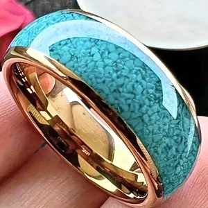 Luxury 8mm Stainless Steel Wedding Engagement Ring for Men and Women, Imitation Turquoise, Fashionable Design