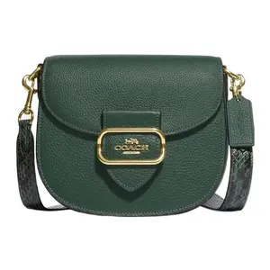 COACH Saddle 24 Multi-Compartment Flap Closure Crossbody Bag for Women in Olive Green Pebbled and Snakeskin-Embossed Leather