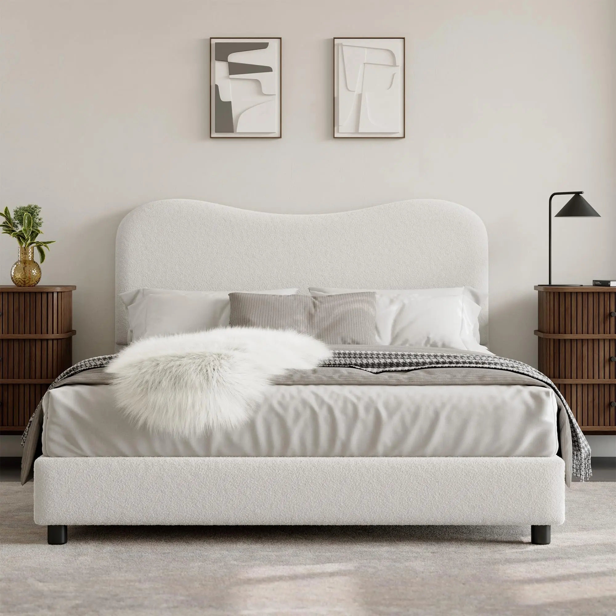 Garvee Full Size Upholstered Bed Frame with Boucle Headboard - Velvet, Low Profile, Wood Slat Support, Easy Assembly, White, Contemporary Bedroom Bed Frame, Upholstered Bed Frames, Bed With Headboard
