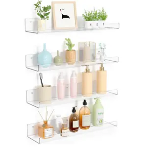 Wall-mounted U-shaped transparent no-drill shelf Clear Acrylic Floating Shelves PMMA Wall Mounted Nursery Bookshelf Spice Rack Bathroom Storage Organizer for Cosmetics Photos Books Spices