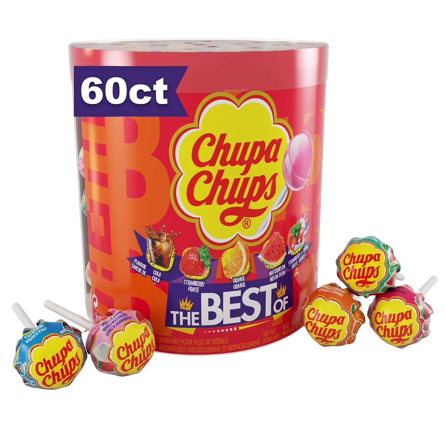 Chupa Chups Cremosa and ‘Best Of’ Lollipop Assortment, Individually Wrapped Candy for Kids, 25.3 Oz Drum (60 Suckers)