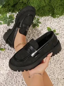 Women's Thick Sole Loafers, Academy Style Slip-On Small Leather Shoes, Comfortable Casual Footwear for Everyday Wear