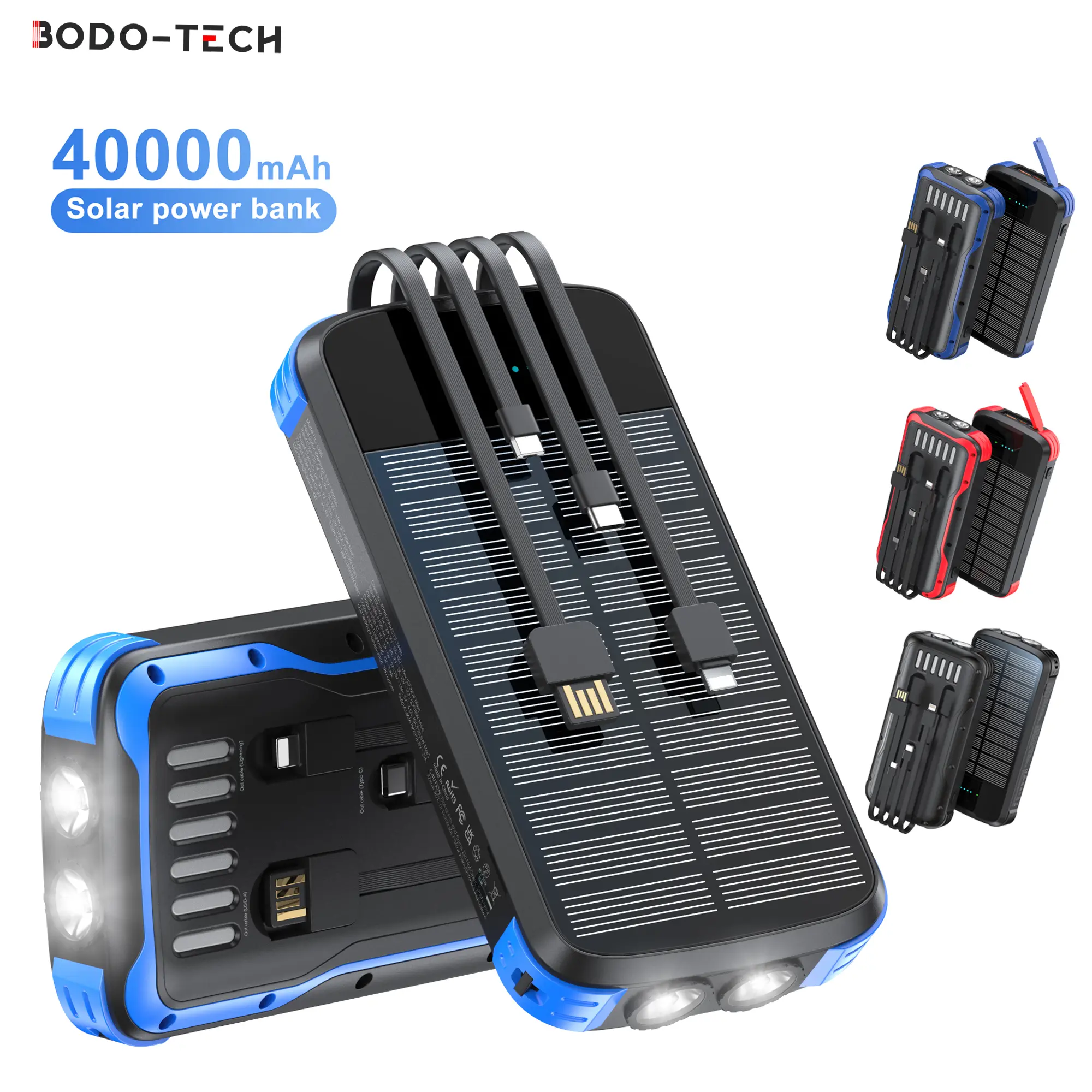 Bodo-Tech 40000mAh Solar Charger Power Bank with Dual USB Ports & LED Flashlights Portable External Battery Charger for Smartphones Tablets Fast Charging Power Bank with 4 Cables for Phone Orange