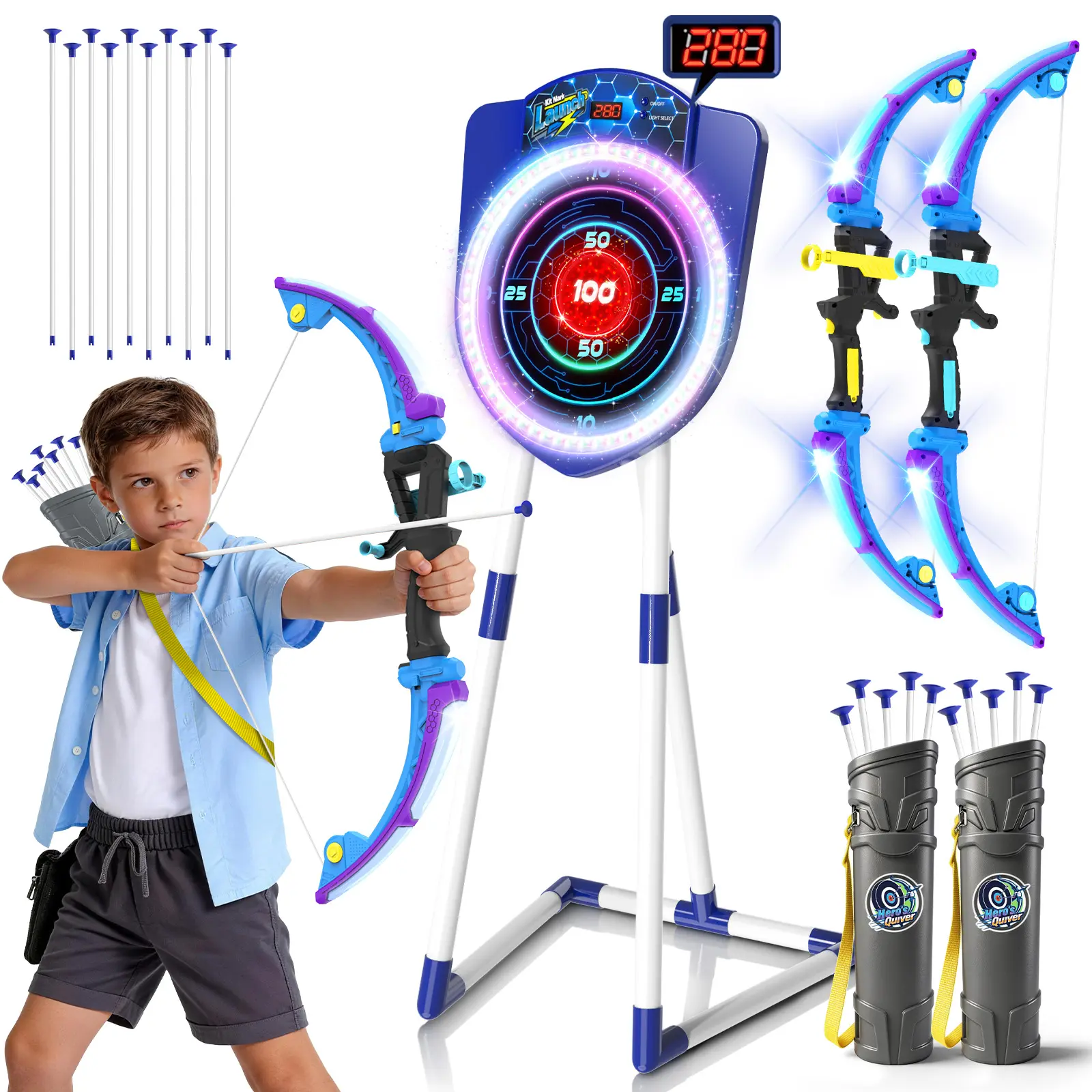 VATOS 2 Pack LED Bow and Arrow for Kids with Auto Scoring, Light Up Archery Set with 10 Suction Cup Arrows, 2 Quivers, LED Archery Target, Indoor Outdoor Backyard Toy Gift for for Boys Girls Ages 5-12 backtoschool
