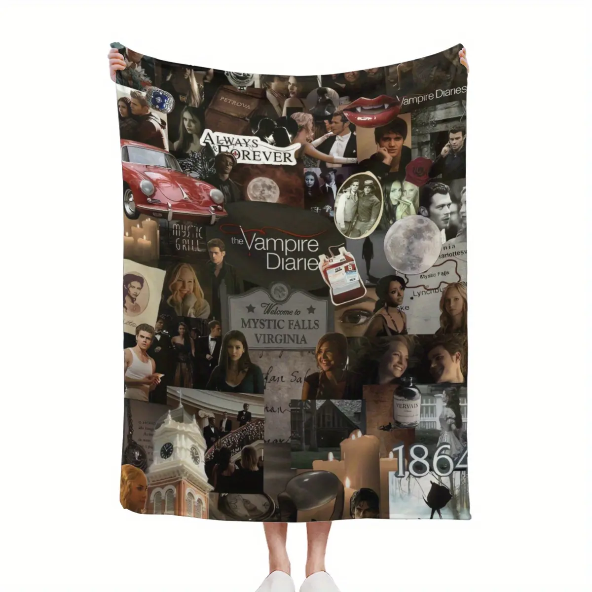 The Vampire Diaries Flannel Blanket - Soft and warm, suitable for all seasons, featuring Damon and Elena in Mysterious Falls, Virginia.Machine washable and durable, it's a must-have for beds, sofas, and camping, and a perfect gift for fans.Incredibly co