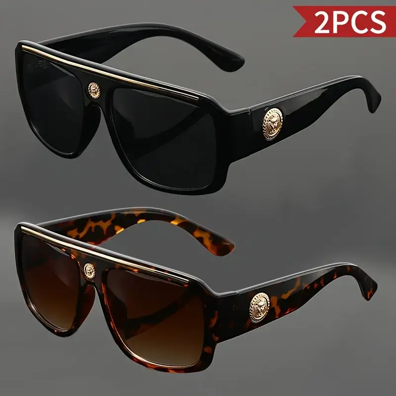 Unisex Retro Square Framed Sunglasses - 2-Piece, Lightweight Polycarbonate (PC) Frames, Metal Head Decoration, Casual Sunglasses, Beachwear, Everyday Use, Daily Shades Look, Men's Accessories, Women's Gifts