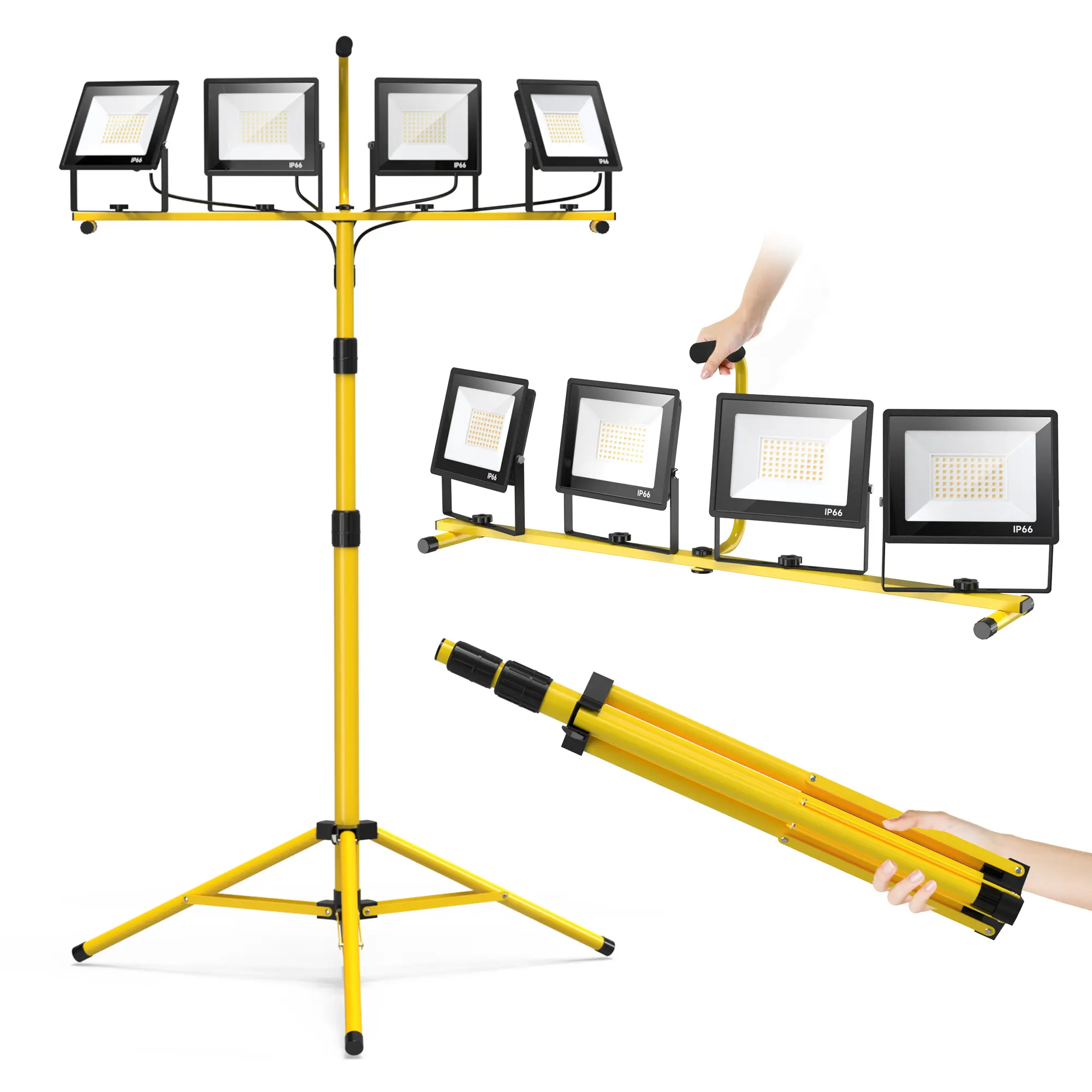 PINSAI led Work Light with Stand,28000 Lumen 4 Adjustable Head Outdoor Flood Lights,Foldable Mechanic Light with 16.5Ft Power Cord,Portable Waterproof Tripod with Lamp for Workbench,Camping (698)