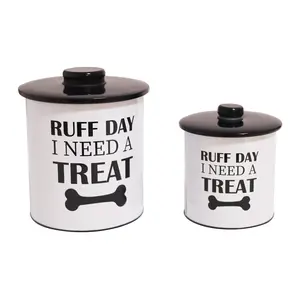 Define Marvelous 2pc Set Dog Treat Container with Lid, Round Tin Dog Treat Storage Jar for Countertop (Ruff Day)