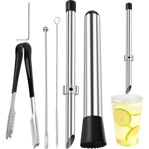 5Pcs 304 Stainless Steel Straw Hole Puncher Set, Hole Punching Tools for Plastic Lids for Drinks Coffee Lemonade Stand, Tool Set with Muddler, Stirring Rod, Ice Tweezers, Brush