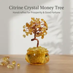 Natural Crystal Money Tree Bonsai Sculpture | Feng Shui Wealth & Luck Figurine | Gemstone Home Decor Ornament | Copper Wire Art for Office & Living Room