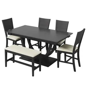 Bellemave TOPMAX 6-Piece Wood Half Round Dining Table Set Kitchen Table Set with Long Bench and 4 Dining Chairs, Modern Style