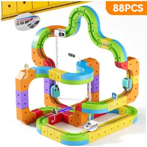 Magic Rail Block 88PCS DIY Track Set with LED Lights Gravity Defying Loops Upside Down Driving Creative Construction Set for Kids Ages 5+ STEAM Learning Gift road sign