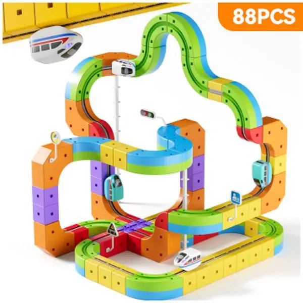 Magic Rail Block 88PCS DIY Track Set with LED Lights Gravity Defying Loops Upside Down Driving Creative Construction Set for Kids Ages 5+ STEAM Learning Gift road sign