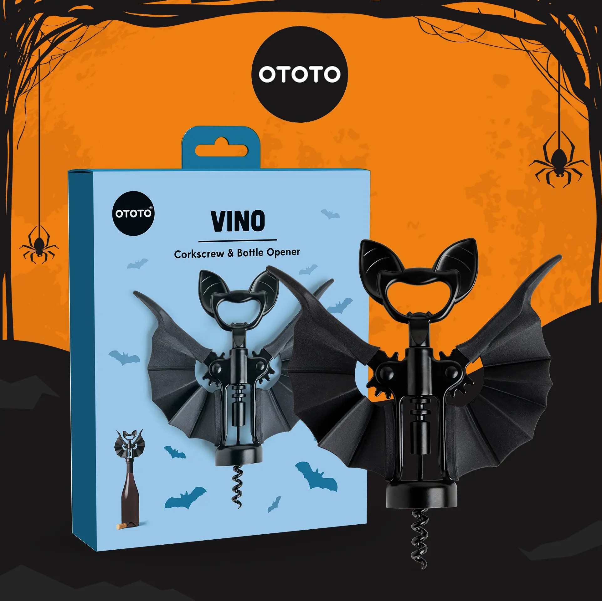 OTOTO Vino Spooky Bat Wine Opener – 2-in-1 Corkscrew & Bottle Opener, Halloween Decor & Perfect Gift for Halloween, Cute Gift for Wine Lovers