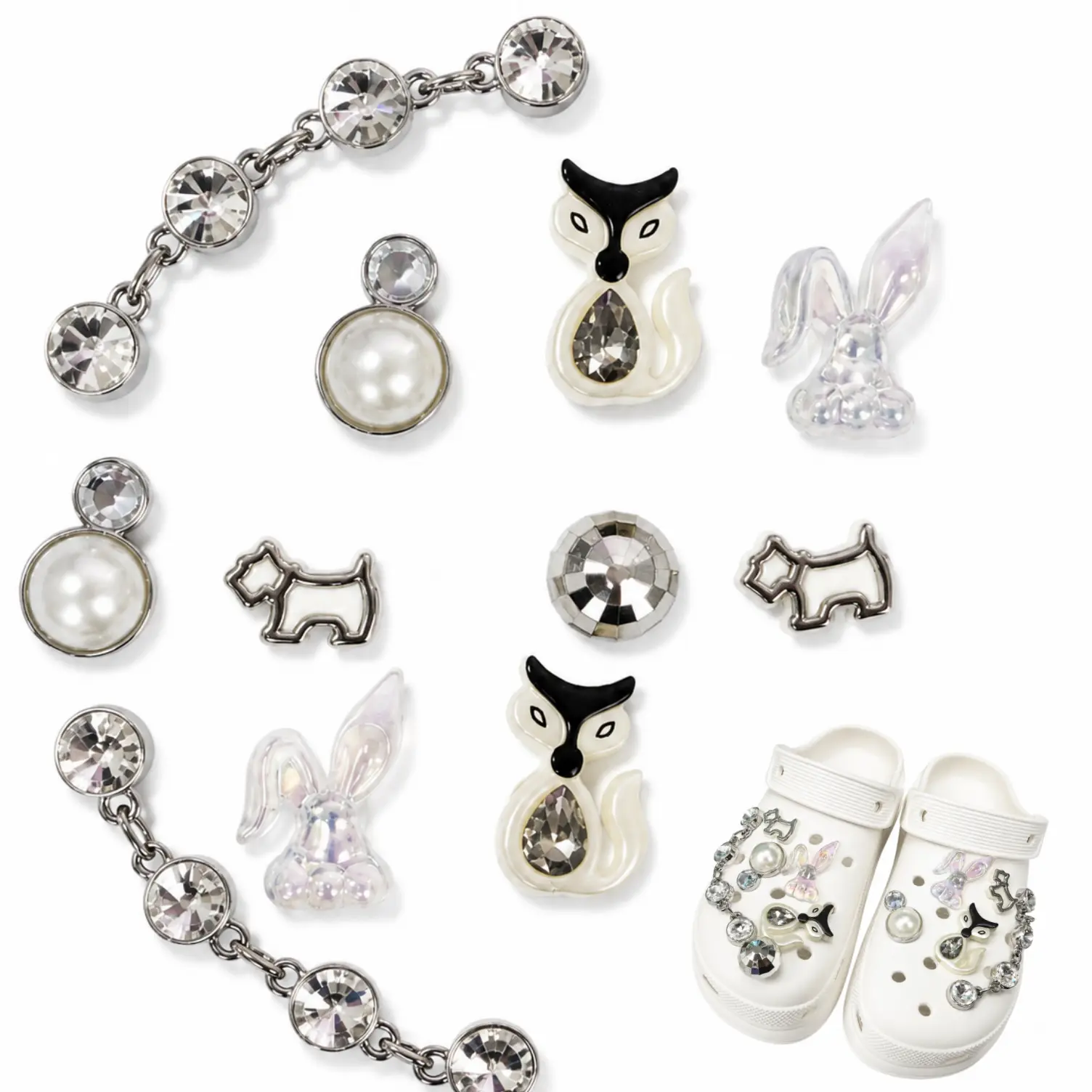 11PCS Cute Animal Shoe Charms Set, Includes 2 Rhinestone Chains, Fox, Bunny, Dog, Pearl & Crystal Charms for Clogs, Shoes Not Included