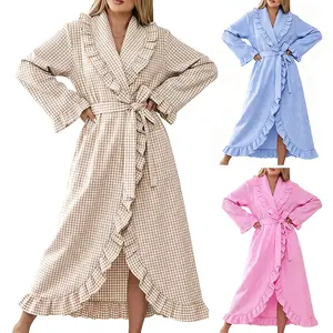 Yimoon Cotton Robes for Women Gingham Long Sleeve Ruffle Trim Robe Bathrobe Lightweight Plaid Loungewear Sleepwear