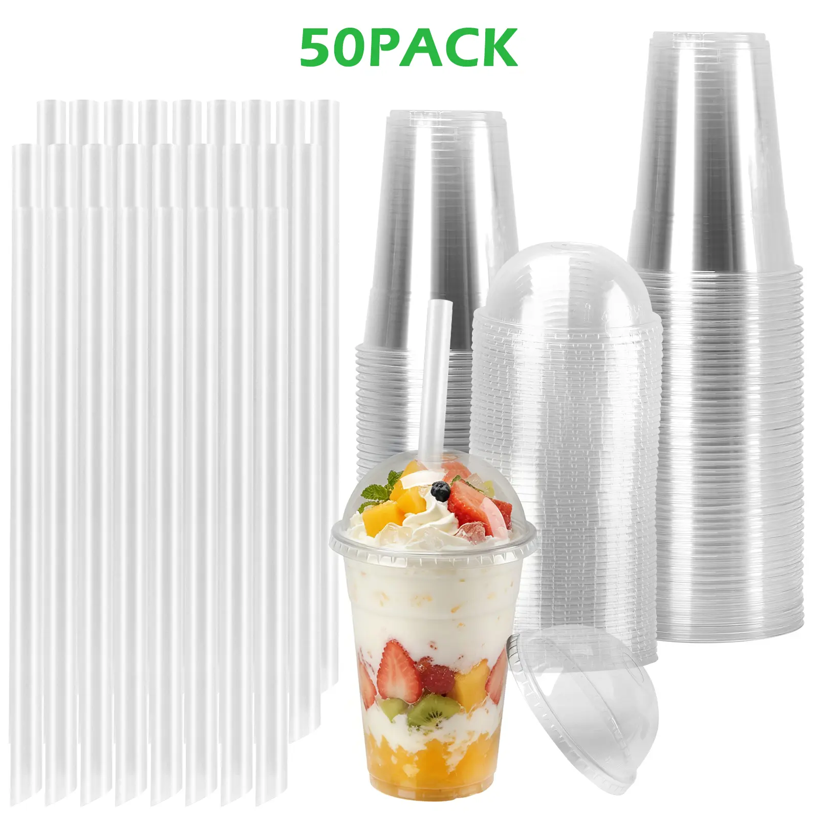 50-Pack Disposable Clear PET Dome Lid Tumblers, Multi-Size (16/20/24oz) BPA-Free Recyclable Leak-Resistant Cups with Straws for Boba Tea, Iced Coffee, Catering