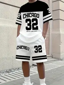 Men's Summer Loose Fit Chicago Basketball Style Set, Short Sleeve Tee & Shorts, Graphic Print, Casual Fitted Sportswear, Jersey Basketball