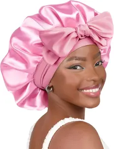 Mylockme Hair Satin Silk Bonnet for Sleeping Women, With Elastic Wide Long Strap Tie Band Sleep Night Cap Hair Bonnet Wrap for Braids Curly Long Hair, Black, Pink, Rose Pink