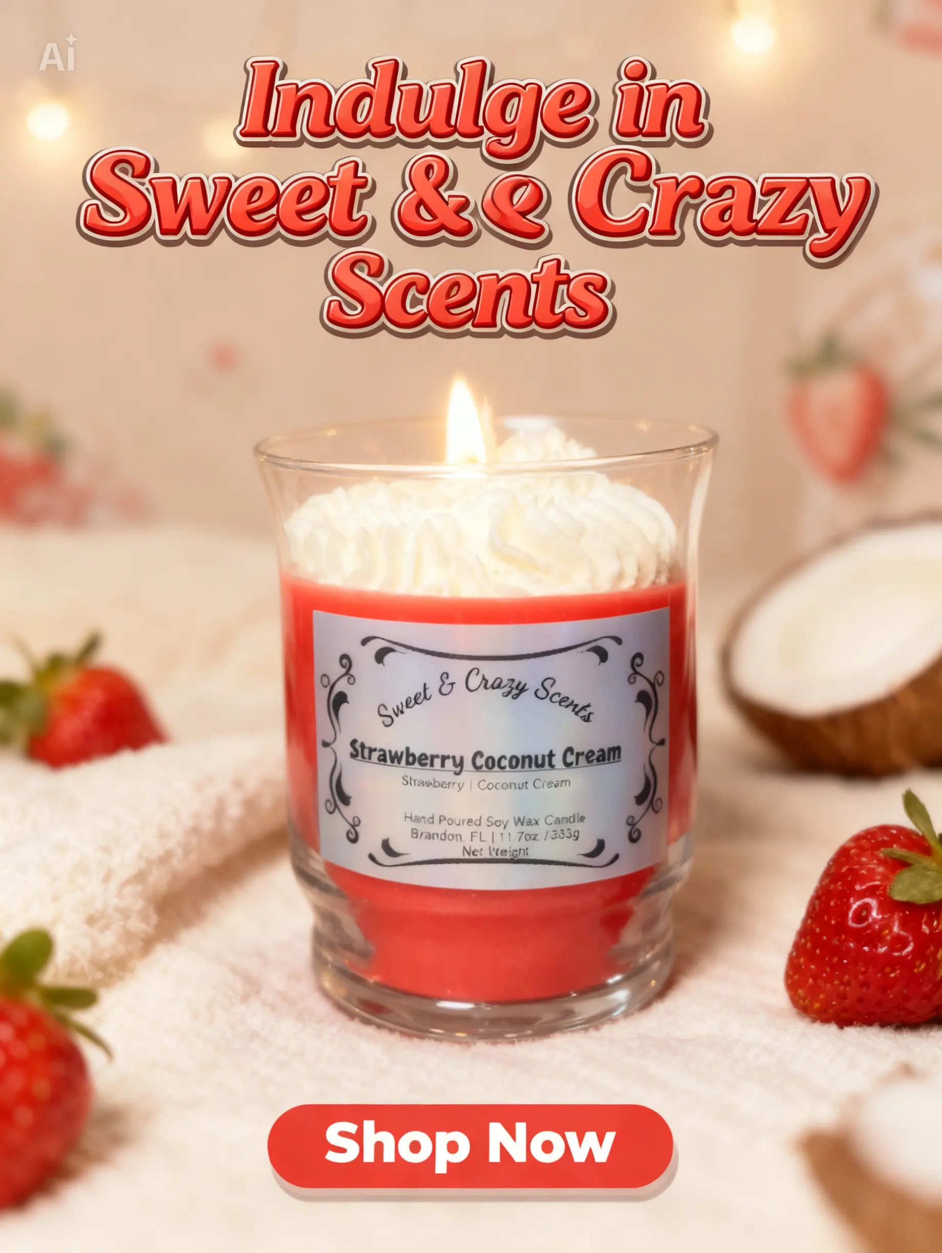 15oz Hand-Poured Strawberry Coconut Cream Soy Candle - Light, Vanilla, Smooth Scent, Cozy Home Decor, Long-Lasting Fragrance