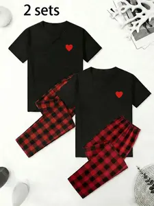 Couple Plaid Pajama Set, Heart Print, Short Sleeve Long Pants, Loose Fit, Casual Sleepwear, Breathable, Trendy Home