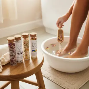Herbal Foot Soak Trio Lavender Rose Golden Bloom Herbal Grove Mineral-Rich Salts Essential Oils for Relaxation Restoration Lemon Scent, Powder, Foot Care Product, Adults