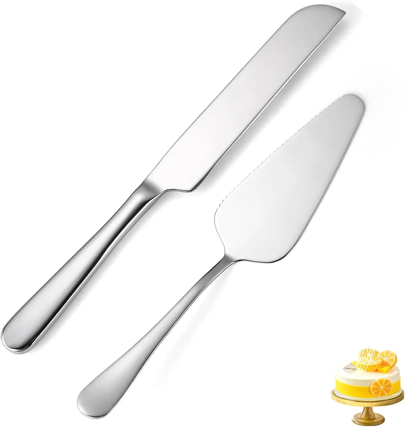 2-Piece Silver Stainless Steel Wedding Cake Knife and Server Set - Dishwasher Safe for Wedding, Birthday Celebrations