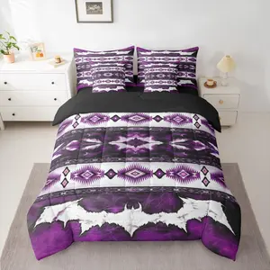Western Aztec Comforter Set with Sheets 7 Piece Cowhide Cow Print Vintage Animal Retro Fur Bedding Set Boho Rustic Farmhouse Style Bed in a Bag Exotic Geometric Room Decor Purple