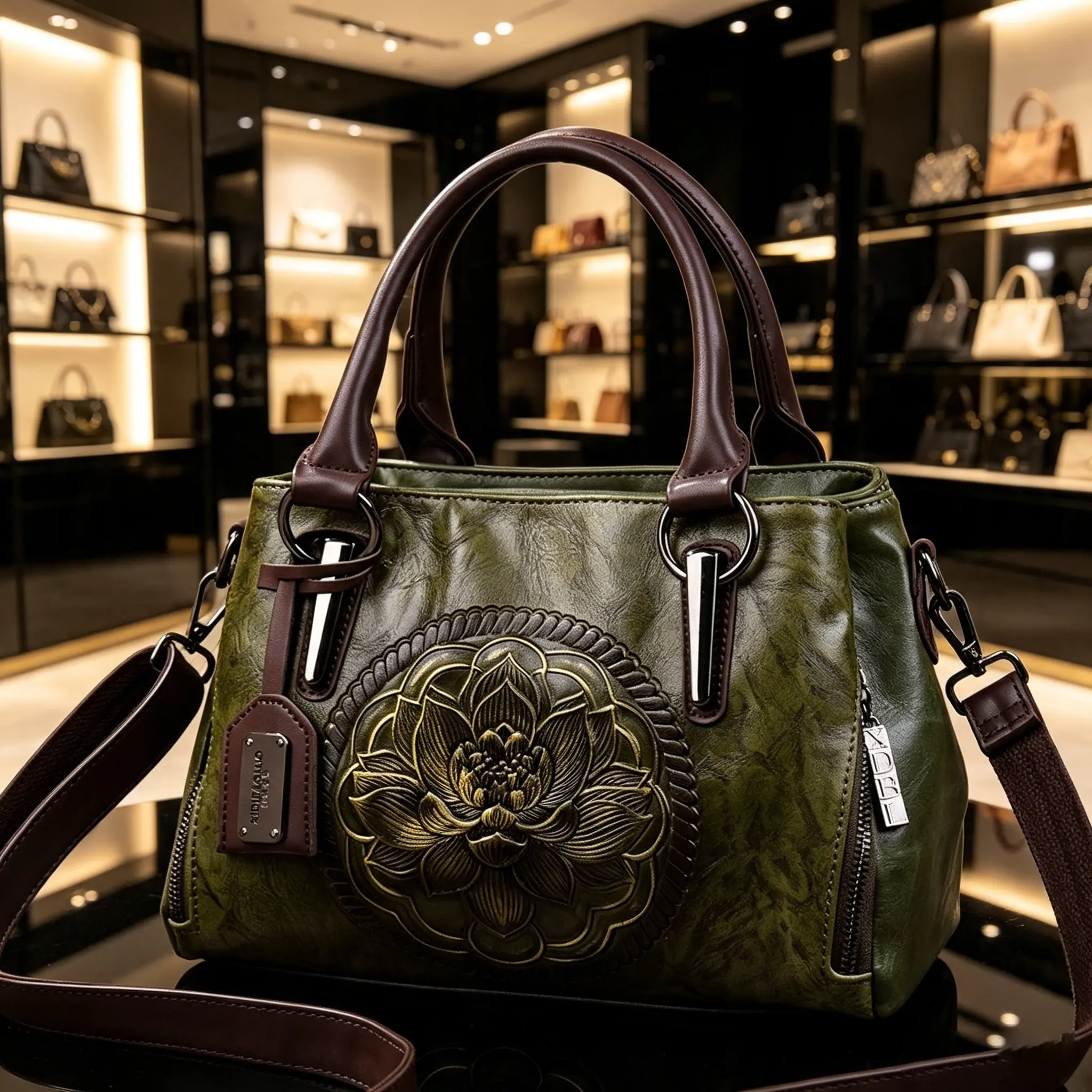 Women’s Elegant Green Floral Embossed Leather Handbag, Brown Top Handles & Adjustable Strap, Fashion Daily Shoulder Purse for Ladies