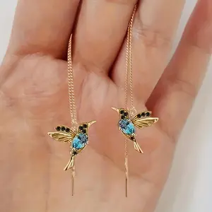 Blue Zircon Cute Hummingbird Bird Long Tassel Chain Earrings Crystal Bird Dangle Drop Earrings Threader Long Crystal Rhinestone Drop Dangle Women Ladies Jewelry