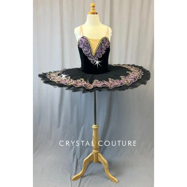 Black Platter Tutu with Purple and Gold Appliques - Rhinestones