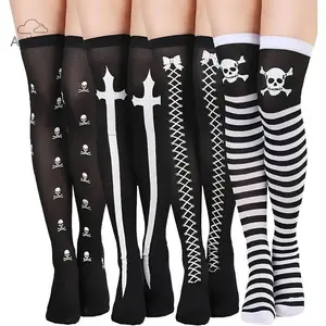 Halloween Thigh High Stockings for Women Skull Print Over Knee High Socks Gothic Cosplay Costume Accessories Breathable Comfort Festive Socks for Halloween Party Carnival Role Play Daily Casual Wear 4 Pairs