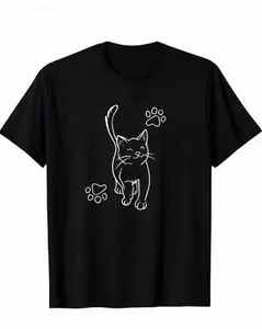 Minimalist Cat Line Art Tee - Simple One Line Drawing with Paw Prints, Aesthetic Soft Casual Top for Home and Daily Wear,Unisex - Personalized Short-Sleeved T-Shirt - Home Leisure - Casual Style.