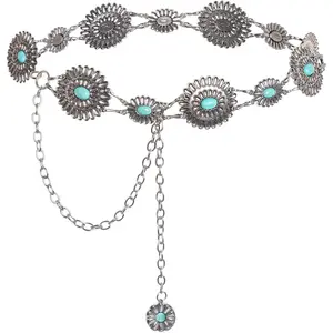 Western Metal Oval Concho Chain Belt for Women Cowgirl Turquoise Waist Chain Belt for Dresses Jeans Western