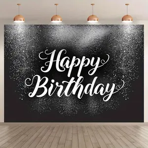 Premium Happy Birthday Backdrop 100% Polyester Black Silver Glitter - Adult Birthday Party Decor, Photo Booth Props, Anniversary Celebration for Men and Women