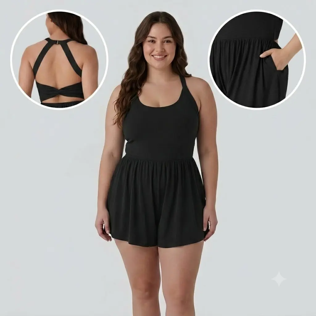 MG1 Women’s 2-in-1 Backless Romper with Built-in Shorts, NO BRA, Twisted Open Back Jumpsuit with Side Pockets, Stretchy Comfortable One-Piece for Resort, Sports, Yoga, Hiking, & Casual Summer Daily Wear | Moisture-Wicking, Soft Fabric