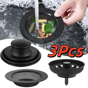 Pack fo 3 Stainless Steel Kitchen Sink Stopper, Universal Anti-Clog Filter Basket for Garbage Disposal, Wide Brim Drain Strainer (Black)