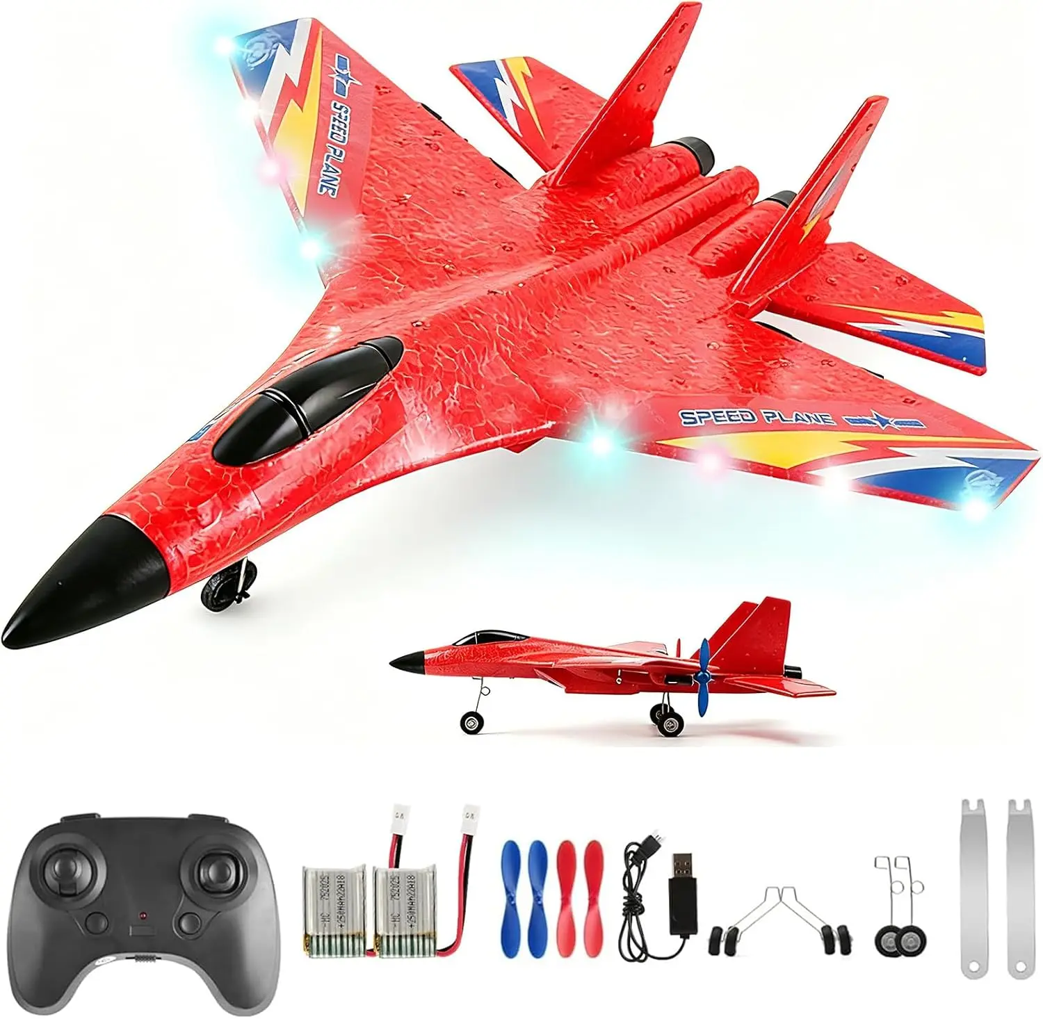 SU27 RC Plane, Remote Control Airplane with Flashing LED Lights, RC Fighter Jet Flying Toys for Adults Kids Beginner - Red