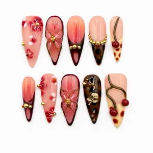 Press On Nails  Cherry Noir  Long Stiletto Nude Pink Base Cherry Red Ombre Tips Tortoise Accents 3D Cherries Gold Bead Details Floral Art Rose Charm Glossy Finish Prettè Nail Studio