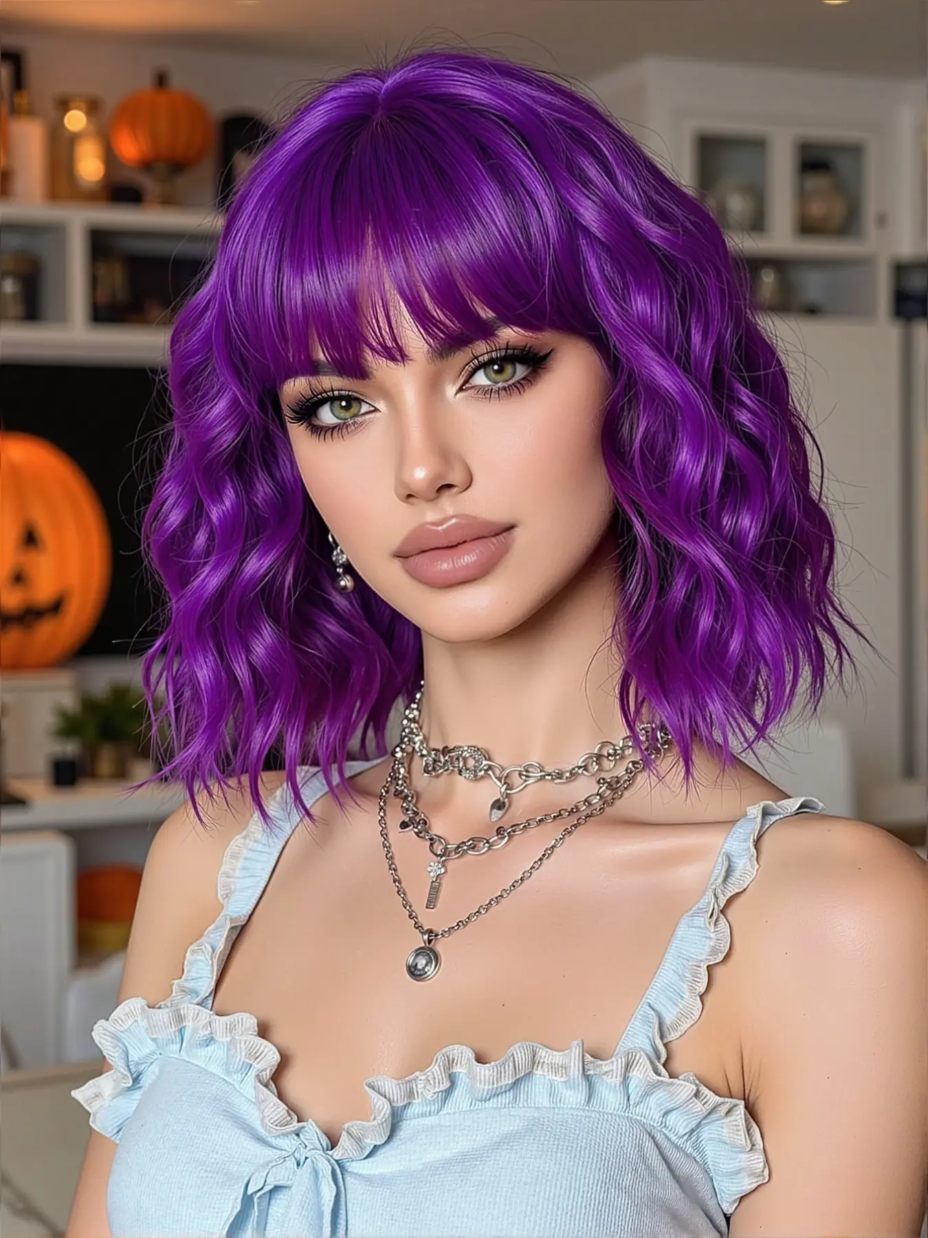 Wig with Bangs Short Wavy Bob, Rose Net Cap, Breathable Heat Resistant Synthetic Hair, All Seasons, Curly Style, Synthetic Wigs, Wave Wig