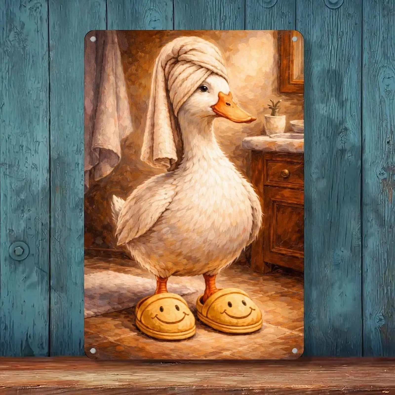 8x12in Cute Retro Cozy White Duck Iron Tin Sign - Home Decor Plaque for Bathroom Slipper Towel Display, Wall Decor Bedroom