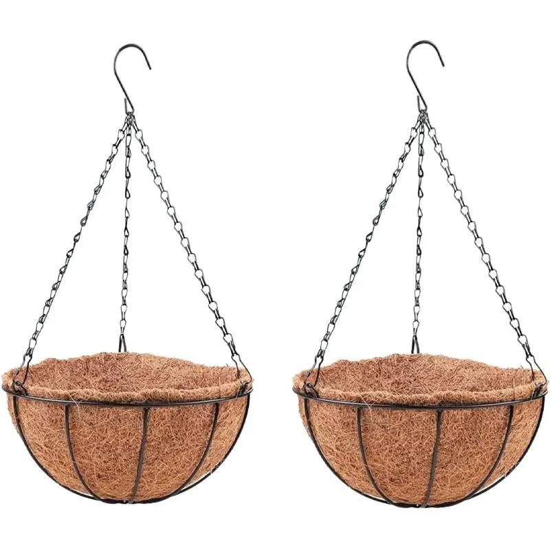 Outdoor Plant Hanging Basket Set, 2-Piece 10-Inch Coconut Lined Metal Round Flower Pot, Hanging Flower Pots, Hanging Planter, Ideal for Flowers and Vegetables