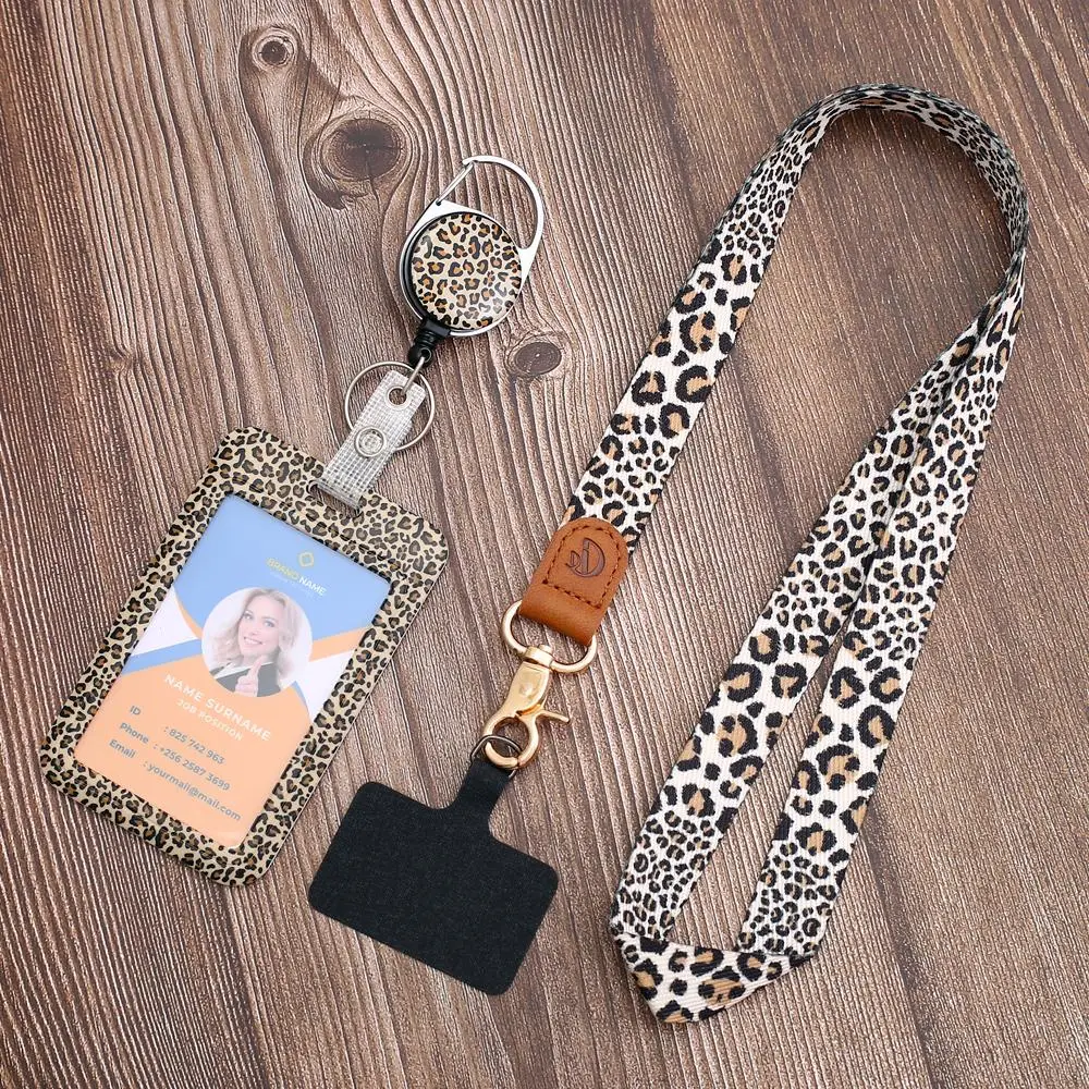 Teacher Must Haves Leopard Pattern Badge Holder & Lanyard Set, 1 Set Retractable Badge Reel with Clip, ID Badge Holder with Reel and Lanyard, Card Hol