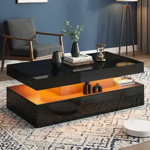 Modern LED Living Room Coffee Table with Storage - High Gloss Center Table with USB Powered Lights, Stylish Double-Deck Storage Table for Home Apartment Office Decor