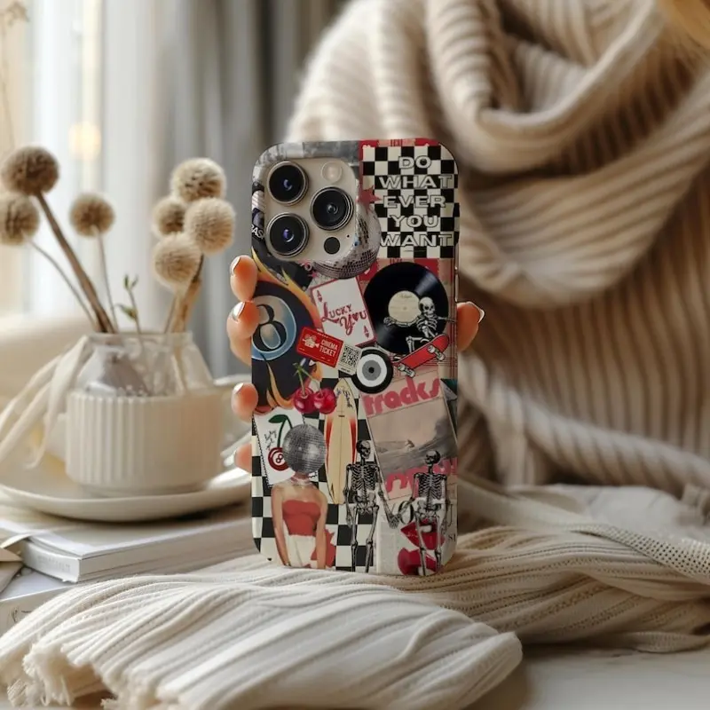 Disco Skater Girl Vintage 8-Ball Collage Polycarbonate-TUP Cellphone Shell - UV Printed Edgy Cherry Disco Design, Dual-Layer, Raised Bezels, Lightweight, Shockproof Protection, Standard Edition Cover for iPhone 11-17 Pro Max Air Plus Mobile Accessories