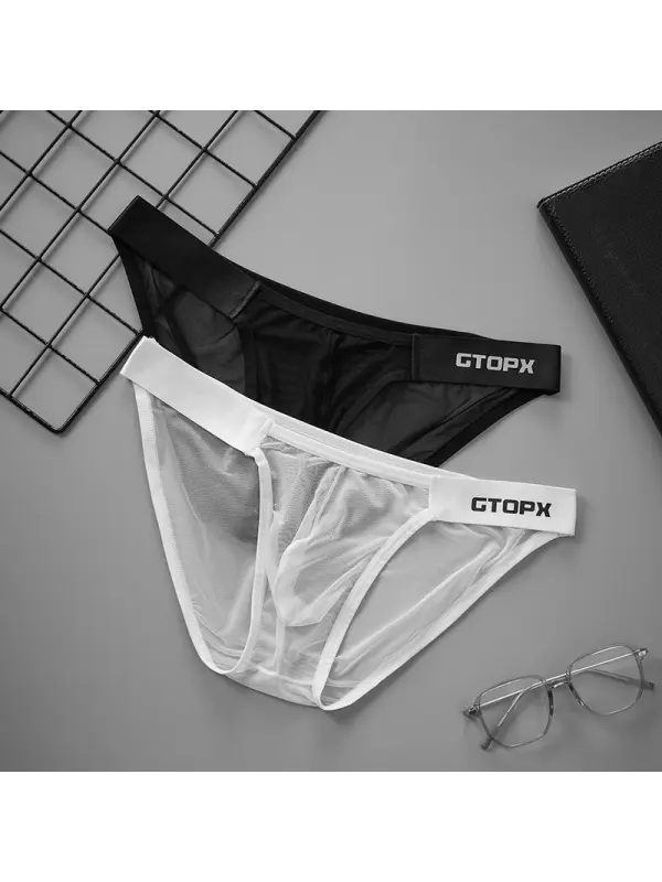 Men's Sheer Mesh Elephant Nose Separate Pouch Underwear - Low Rise-Mid Waist Bikini Cut Briefs, Thin Soft Breathable Lightweight Nylon Polyester, Transparent See-Through Stylish Overall, Fabric, See-Through Design