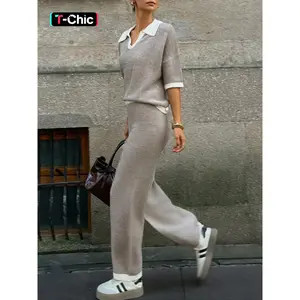 Women’s Knit Two-Piece Set – Autumn/Winter Casual Elegant Loose Fashion Lapel Pullover Sweater + Long Pants